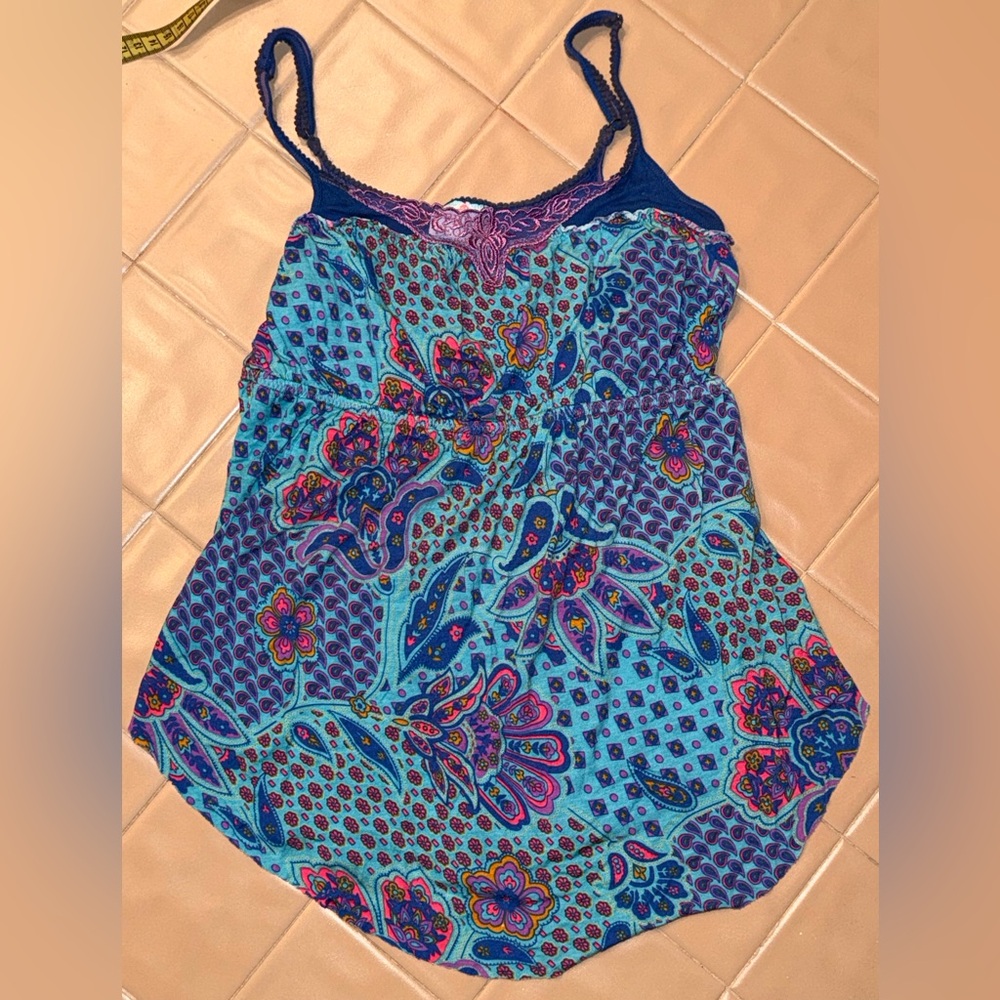 Free People Cami Tank Top Small Blue Paisley Boho Lace Trim Spaghetti Strap